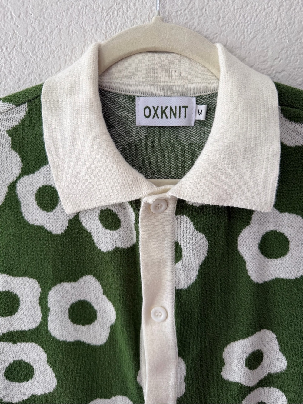 OXKNIT Memns Daisy Knit Polo Medium Green Floral Mod Sweater Shirt